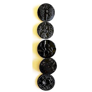 ASSORTED LARGE BLACK GLASS BUTTONS INCLUDING PICTORIALS