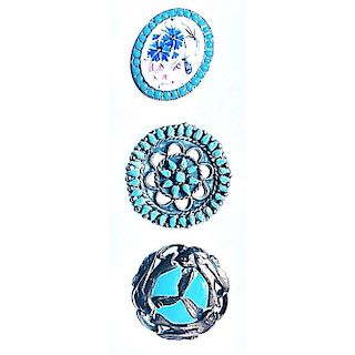 3 LARGE TURQUOSE & TURQUOISE ENAMEL OME BUTTONS