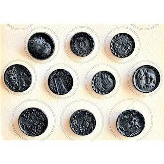 PARTIAL CARD OF ASSORTED BLACK GLASS PICTORIAL BUTTONS