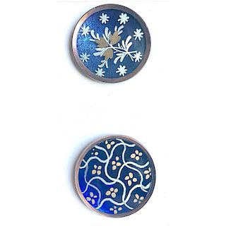 2 REVERSE PAINTED BLUE FOIL BACKGROUND 18TH C. BUTTONS