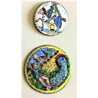 2 LARGE ENAMEL BUTTONS INCL. "THE PIED PIPPER OF HAMLIN"