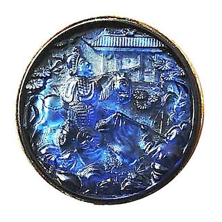 1 EXTRA LARGE MOLDED BLUE GLASS BUTTON SET IN METAL