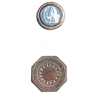 2 18TH C. BUTTONS, 1 COPPER AND 1 WEDGWOOD IN COPPER