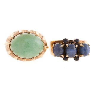 A Pair of Large Cabochon Gemstone Rings in 14K