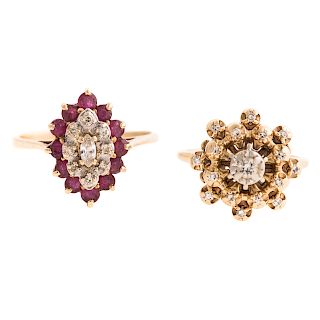 A Pair of Diamond and Ruby Cluster Rings in Gold