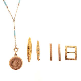 An Enamel Locket & Collection of Baby Pins in 14K