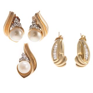 Two Pair of Diamond with Pearl Earrings & Pendant