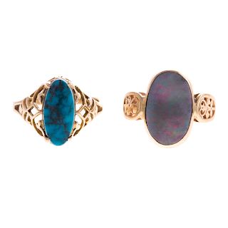 A Pair of Opal & Turquoise Rings in Gold