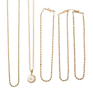 A Collection of 14K Rope Chains and Pearl Pendant