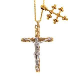 Two Cross Pendants & Chain in 14K Gold