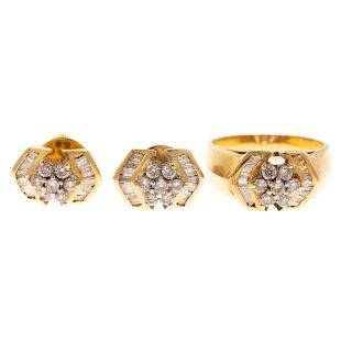 A Matched Diamond Earring & Ring Set in Gold