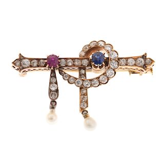 A Vintage Pin with Diamonds & Gems in 18K