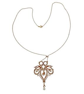 18k Gold Diamond Pearl Brooch Pendant Necklace 