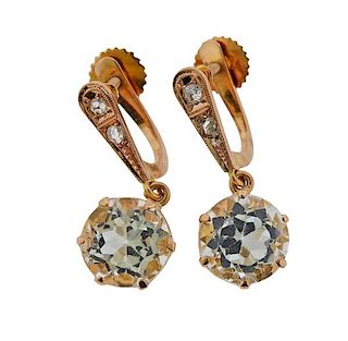 18k Gold Diamond Clear Stone Dangle Earrings 