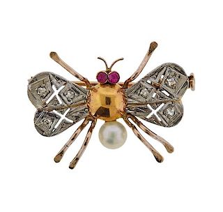 Antique 18k Gold Diamond Pearl Insect Brooch Pin 