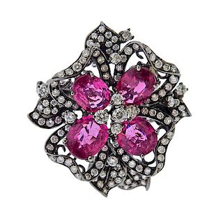 14k Gold Diamond Pink Gemstone Flower Ring 