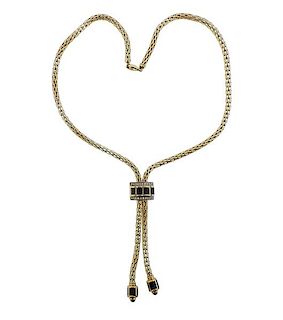 14k Gold Diamond Onyx Lariat Necklace 