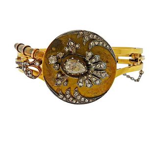 Antique 18k Gold Rose Cut Diamond Bangle Bracelet 