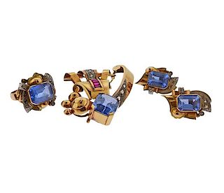 Antique 18k Gold Platinum Blue Stone Diamond Earrings Ring Brooch 