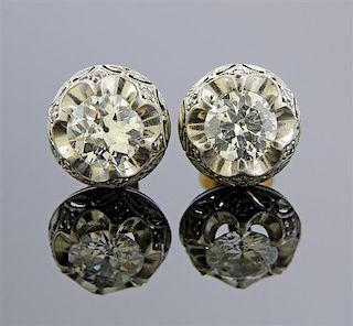 Antique Platinum 18k Gold Diamond Stud Earrings 