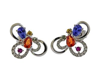 18k Gold Diamond Multi Color Gemstone Earrings 