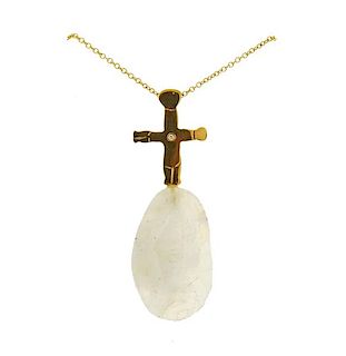 18K Gold Diamond White Labradorite Cross Pendant Necklace