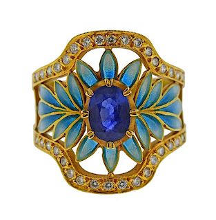 Masriera 18k Gold  Diamond Plique A Jour Sapphire Ring