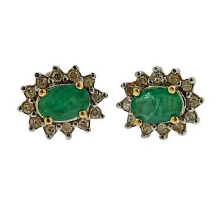 10K Gold Diamond Emerald Stud Earrings