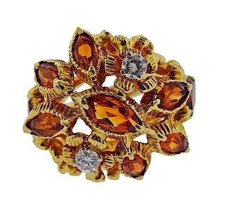 18K Gold Diamond Orange Stone Ring