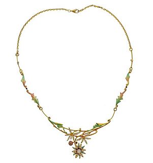 Masriera 18K Gold Diamond Ruby Plique a Jour Necklace