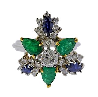 18K Gold Diamond Sapphire Emerald Ring 
