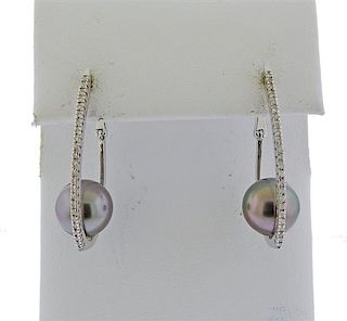 18k Gold Diamond Tahitian Pearl Earrings 