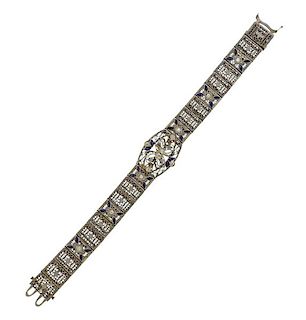 Art Deco Filigree Platinum Gold Diamond Blue Stone Bracelet 