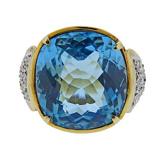 14K Gold Diamond Blue Topaz Ring 