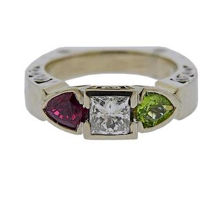 18k Gold Diamond Ruby Peridot Ring 