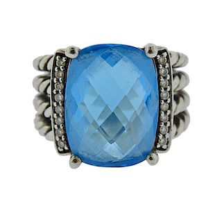David Yurman Sterling Silver Diamond Blue Topaz Ring