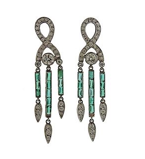 Platinum Diamond Emerald Earrings 