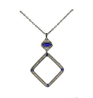 Art Deco Platinum Diamond Sapphire Pendant Necklace