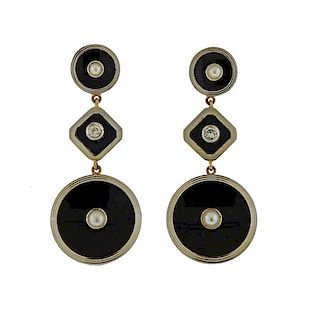 Art Deco 14K Gold Platinum Diamond Pearl Onyx Earrings