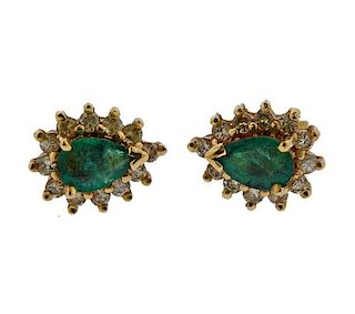 14k Gold Diamond Emerald Stud Earrings 