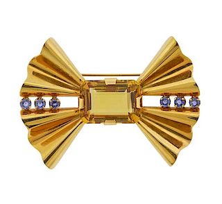 Tiffany &amp; Co Retro 14k Gold Citrine Sapphire Bow Brooch