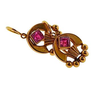Antique 18k Gold Red Stone Earrings 