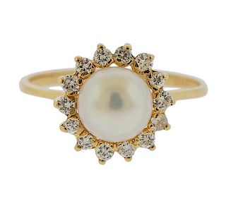 14k Gold Diamond Pearl Ring 