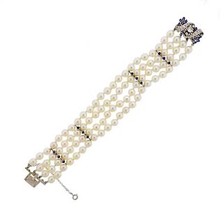 1960s 14K Gold Diamond Pearl Sapphire Bracelet