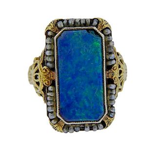 Art Deco 14k Gold Opal Seed Pearl Ring 