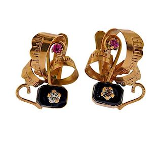 Antique High Karat Gold Gemstone Earrings 