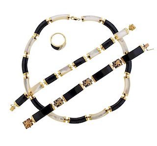 14K Gold Diamond Onyx Mather of Pearl Ring Necklace Bracelet Set