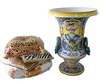 Two Majolica Ceramic Urn And Stack Pillows