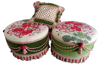 Pair of French Fabric Stools And Pillow