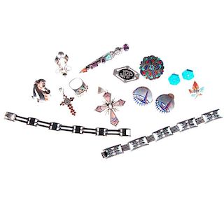Collection of stone-set, enamel and silver jewelry
